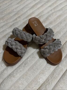 Yoki Braided Metallic Silver Double-Strap sparkle Slide Sandal
